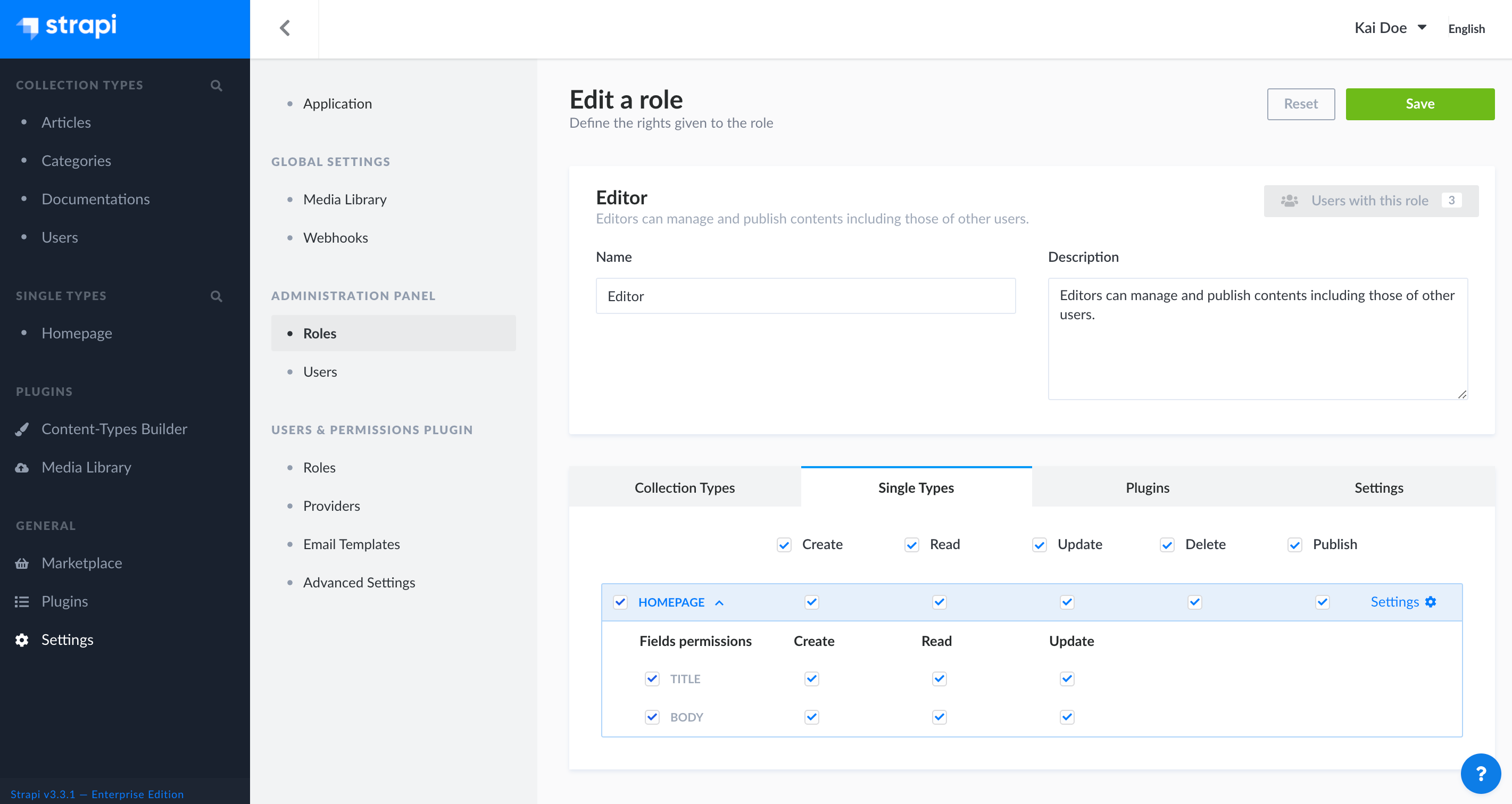 Administrator roles edition interface